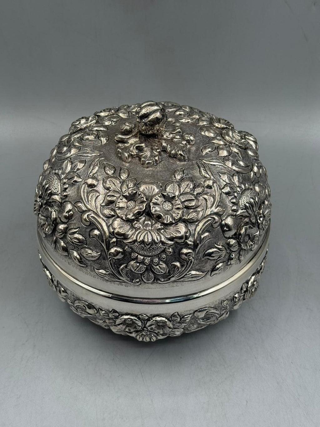 Silver-plated bonbonniere with hand-engraved floral texture surface, handcrafted in Istanbul's Grand Bazaar