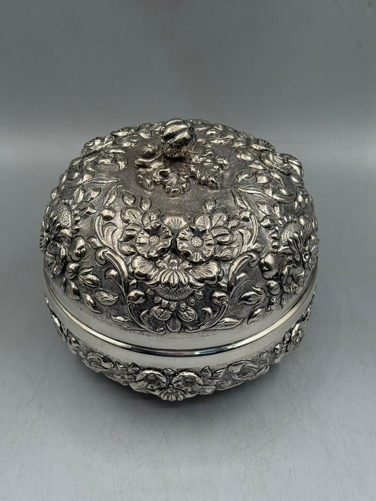 Silver-plated bonbonniere with hand-engraved floral texture surface, handcrafted in Istanbul's Grand Bazaar