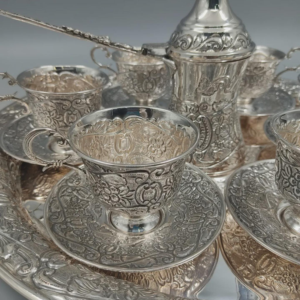 Solid 925 sterling silver Turkish coffee service for six with hand-engraved floral and scroll motifs, handcrafted in Istanbul's Grand Bazaar