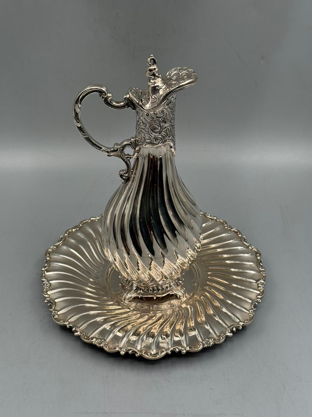 Solid 925 sterling silver ewer and basin set with fluted body and sculpted spout, handcrafted to order in Istanbul's Grand Bazaar