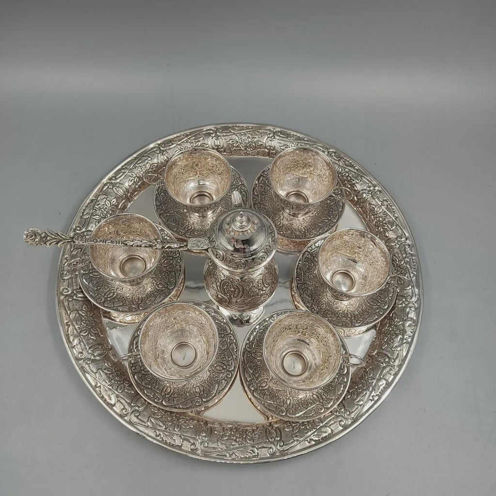 Solid 925 sterling silver Turkish coffee service for six with hand-engraved floral and scroll motifs, handcrafted in Istanbul's Grand Bazaar