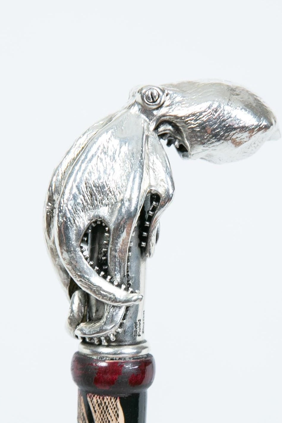 Silver-plated walking cane with sculpted octopus head handle, handcrafted in Istanbul's Grand Bazaar