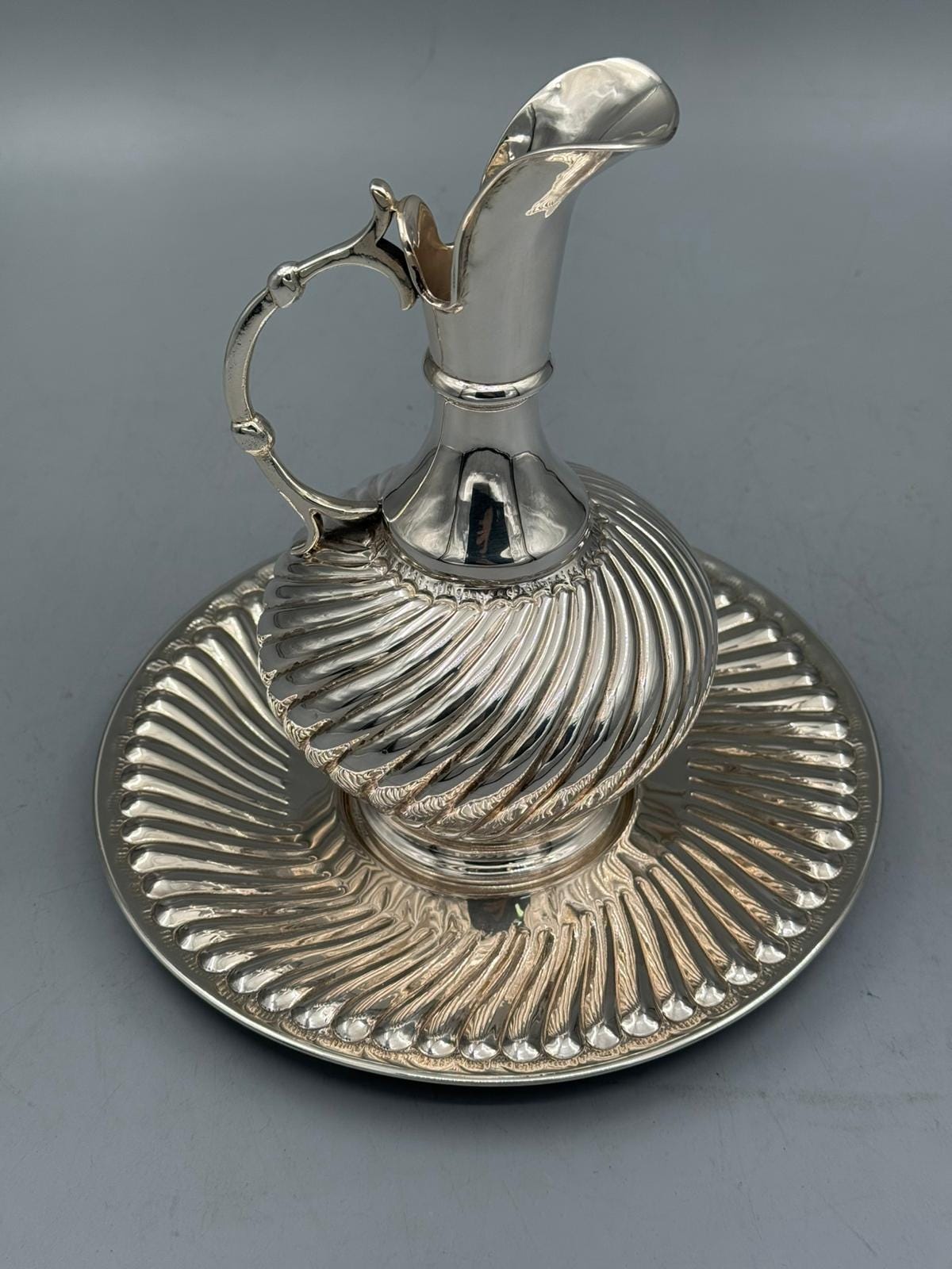 Silver-plated Bektashi pitcher with matching engraved tray, handcrafted in Istanbul's Grand Bazaar
