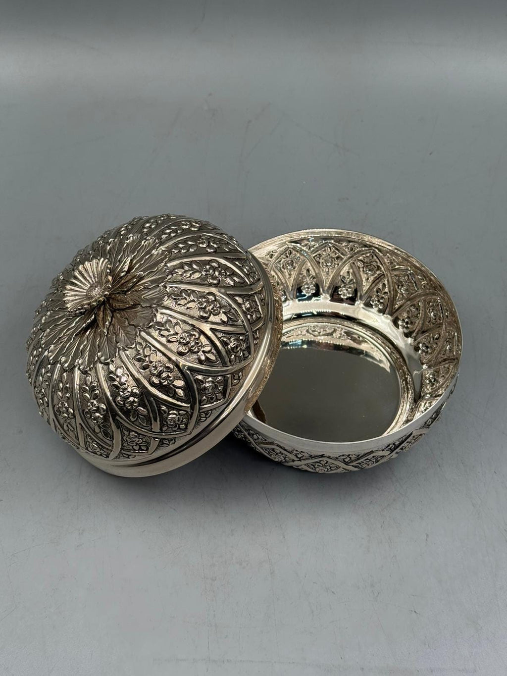 Silver-plated bonbonniere with hand-sculpted rose detail finial, handcrafted in Istanbul's Grand Bazaar