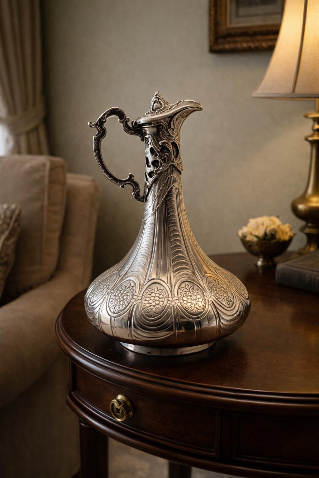 Solid 925 sterling silver ceremonial ewer with hand-engraved Ottoman floral panels, handcrafted in Istanbul's Grand Bazaar