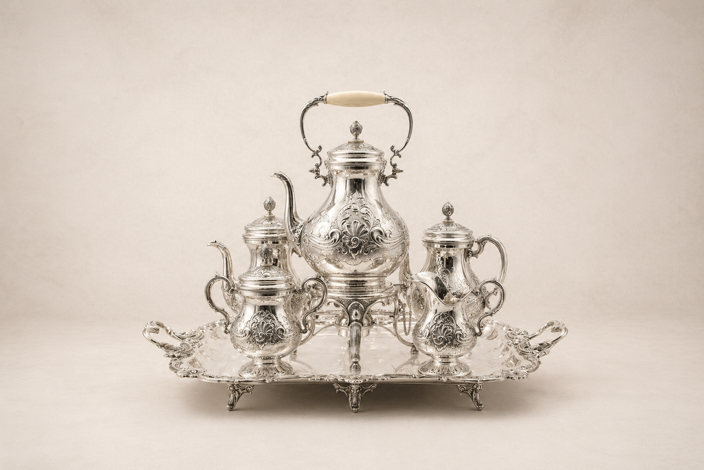 Ottoman Pearl Tea Service, six-piece silver-plated tea and samovar set with hand-repoussé acanthus surface, footed rectangular tray, Grand Bazaar Istanbul