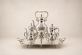 Ottoman Pearl Tea Service, six-piece silver-plated tea and samovar set with hand-repoussé acanthus surface, footed rectangular tray, Grand Bazaar Istanbul