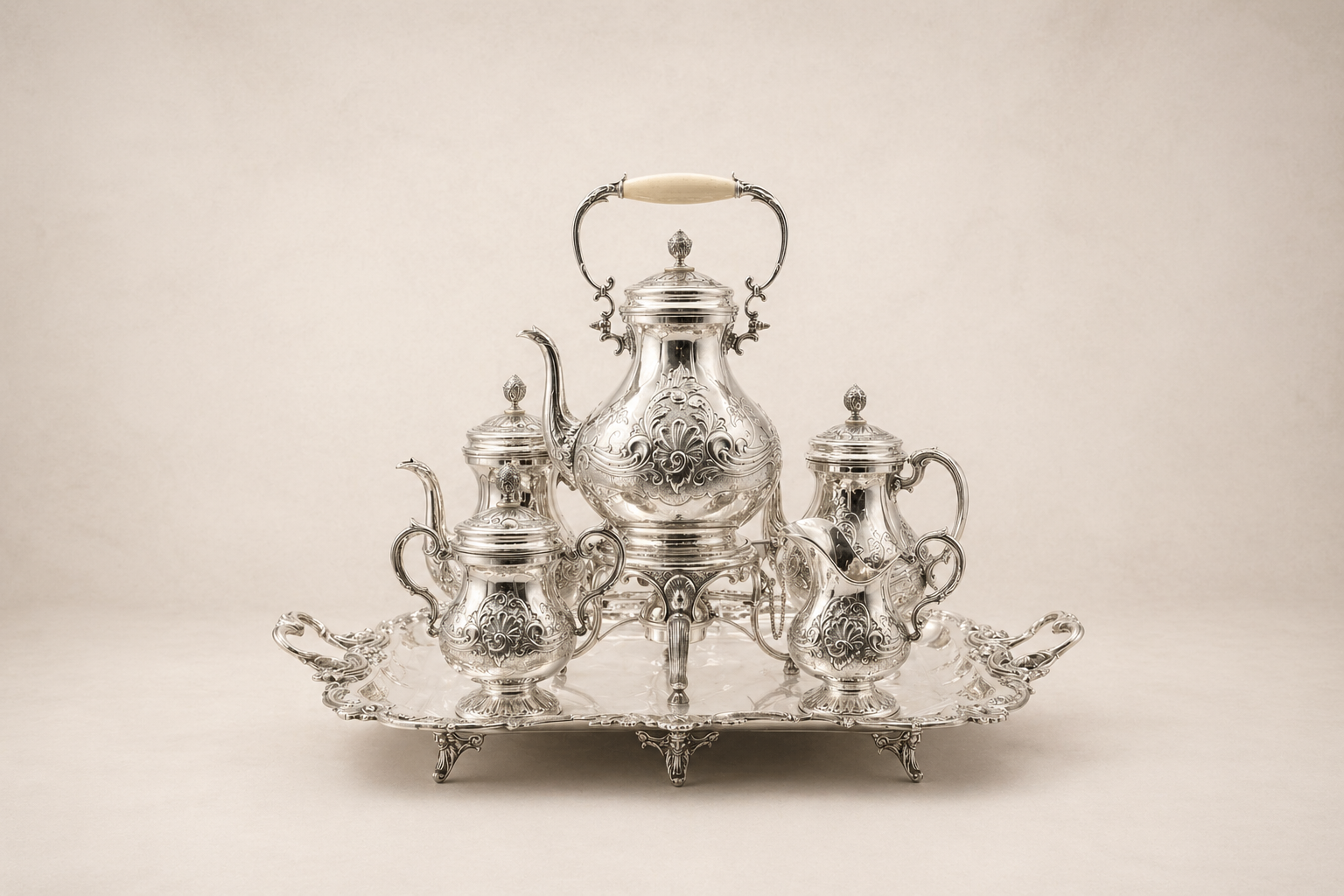 Ottoman Pearl Tea Service, six-piece silver-plated tea and samovar set with hand-repoussé acanthus surface, footed rectangular tray, Grand Bazaar Istanbul